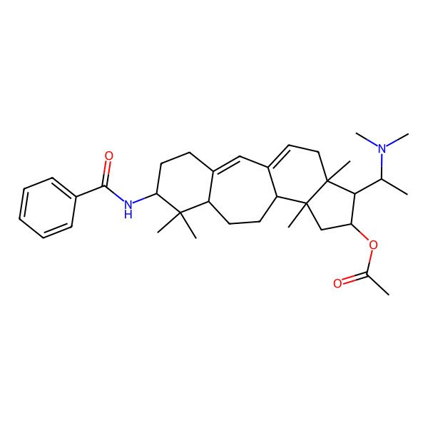 2D Structure of [6-Benzamido-15-[1-(dimethylamino)ethyl]-7,7,12,16-tetramethyl-14-tetracyclo[9.7.0.03,8.012,16]octadeca-1(18),2-dienyl] acetate