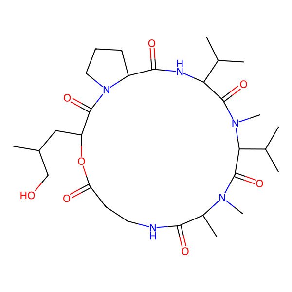 2D Structure of (3S,10S,13S,16S,19S)-3-[(2S)-3-hydroxy-2-methylpropyl]-10,11,14-trimethyl-13,16-di(propan-2-yl)-4-oxa-1,8,11,14,17-pentazabicyclo[17.3.0]docosane-2,5,9,12,15,18-hexone