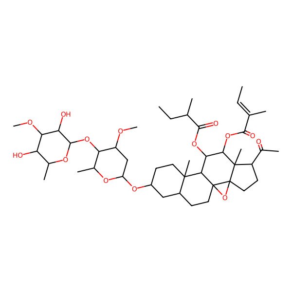 2D Structure of [(1S,3R,6R,7S,8S,9S,10S,11S,14S,16S)-6-acetyl-14-[(2R,4R,5R,6R)-5-[(2S,3R,4R,5R,6R)-3,5-dihydroxy-4-methoxy-6-methyloxan-2-yl]oxy-4-methoxy-6-methyloxan-2-yl]oxy-7,11-dimethyl-8-[(E)-2-methylbut-2-enoyl]oxy-2-oxapentacyclo[8.8.0.01,3.03,7.011,16]octadecan-9-yl] (2R)-2-methylbutanoate