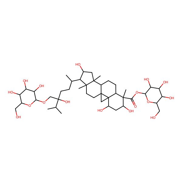2D Structure of [(2R,3R,4S,5S,6R)-3,4,5-trihydroxy-6-(hydroxymethyl)oxan-2-yl] (1S,3S,4S,6S,7S,8R,11S,12S,14R,15R,16R)-4,6,14-trihydroxy-15-[(2R,5R)-5-hydroxy-6-methyl-5-[[(2R,3R,4S,5S,6R)-3,4,5-trihydroxy-6-(hydroxymethyl)oxan-2-yl]oxymethyl]heptan-2-yl]-7,12,16-trimethylpentacyclo[9.7.0.01,3.03,8.012,16]octadecane-7-carboxylate