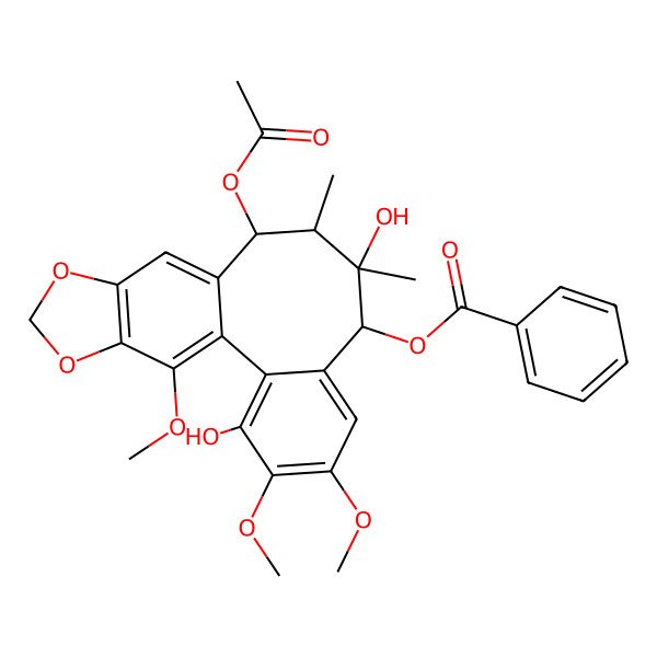 2D Structure of (11-Acetyloxy-3,9-dihydroxy-4,5,19-trimethoxy-9,10-dimethyl-15,17-dioxatetracyclo[10.7.0.02,7.014,18]nonadeca-1(19),2,4,6,12,14(18)-hexaen-8-yl) benzoate