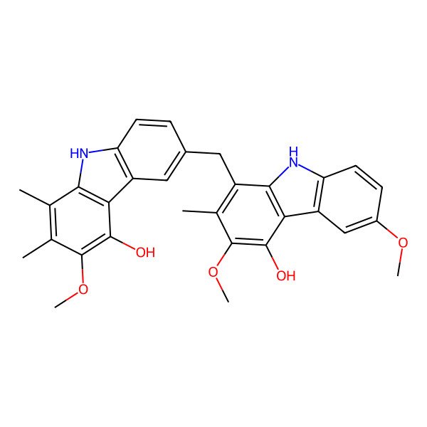 2D Structure of 6-[(4-hydroxy-3,6-dimethoxy-2-methyl-9H-carbazol-1-yl)methyl]-3-methoxy-1,2-dimethyl-9H-carbazol-4-ol