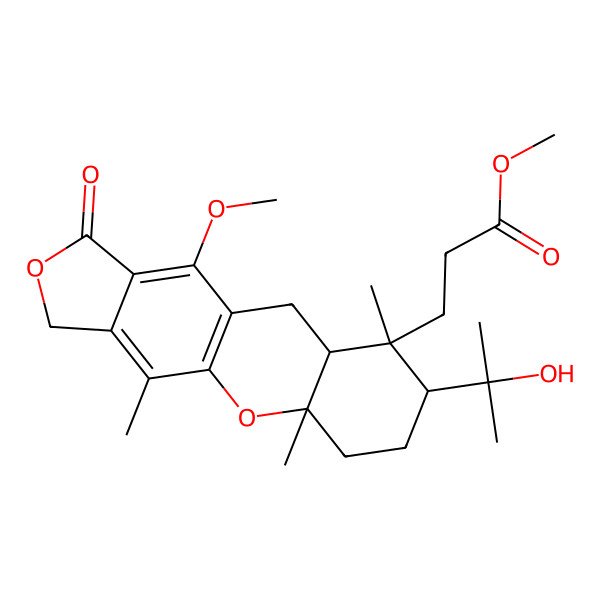 2D Structure of Methyl 3-[8-(2-hydroxypropan-2-yl)-11-methoxy-4,5a,9-trimethyl-1-oxo-3,6,7,8,9a,10-hexahydro-[2]benzofuro[5,6-b]chromen-9-yl]propanoate