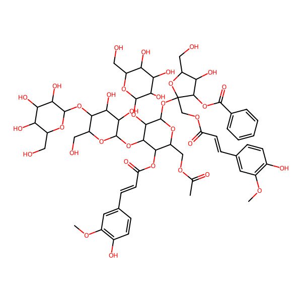 2D Structure of [(2S,3S,4R,5R)-2-[(2R,3R,4S,5R,6R)-6-(acetyloxymethyl)-4-[(2R,3R,4R,5S,6R)-3,4-dihydroxy-6-(hydroxymethyl)-5-[(2S,3R,4S,5S,6R)-3,4,5-trihydroxy-6-(hydroxymethyl)oxan-2-yl]oxyoxan-2-yl]oxy-5-[(E)-3-(4-hydroxy-3-methoxyphenyl)prop-2-enoyl]oxy-3-[(2S,3R,4S,5S,6R)-3,4,5-trihydroxy-6-(hydroxymethyl)oxan-2-yl]oxyoxan-2-yl]oxy-4-hydroxy-2-[[(E)-3-(4-hydroxy-3-methoxyphenyl)prop-2-enoyl]oxymethyl]-5-(hydroxymethyl)oxolan-3-yl] benzoate