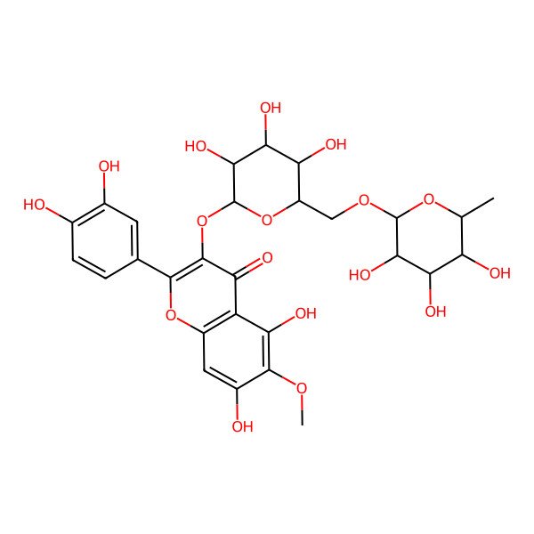 2D Structure of 2-(3,4-dihydroxyphenyl)-5,7-dihydroxy-6-methoxy-3-[(2S,3R,4R,5R,6R)-3,4,5-trihydroxy-6-[[(2R,3R,4S,5R,6R)-3,4,5-trihydroxy-6-methyloxan-2-yl]oxymethyl]oxan-2-yl]oxychromen-4-one