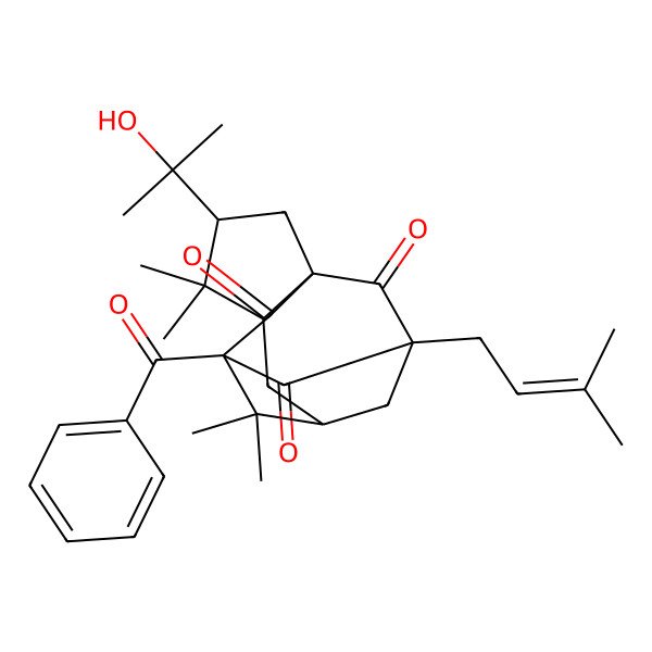 2D Structure of 9-Benzoyl-3-(2-hydroxypropan-2-yl)-4,4,8,8-tetramethyl-11-(3-methylbut-2-enyl)tetracyclo[7.3.1.17,11.01,5]tetradecane-10,12,13-trione