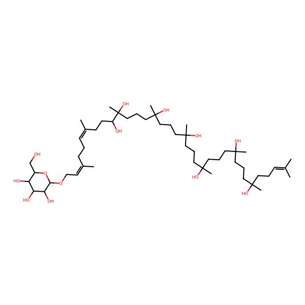 2D Structure of (30E,34E)-2,6,10,14,18,22,26,30,34-nonamethyl-36-[(2R,3R,4S,5S,6R)-3,4,5-trihydroxy-6-(hydroxymethyl)oxan-2-yl]oxyhexatriaconta-2,30,34-triene-6,10,14,18,22,26,27-heptol