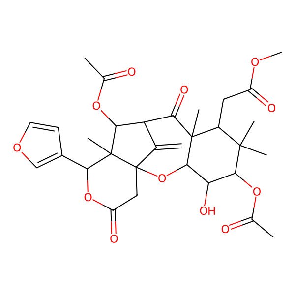 2D Structure of methyl 2-[(1S,3R,4R,5S,7S,8R,10R,11S,12S,13S)-5,11-diacetyloxy-13-(furan-3-yl)-4-hydroxy-6,6,8,12-tetramethyl-17-methylidene-9,15-dioxo-2,14-dioxatetracyclo[8.6.1.01,12.03,8]heptadecan-7-yl]acetate