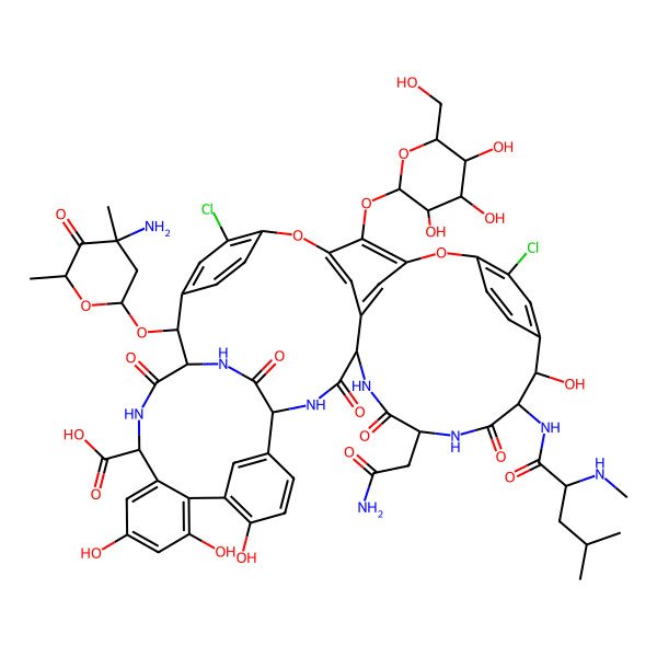 2D Structure of 2-[(4S)-4-amino-4,6-dimethyl-5-oxooxan-2-yl]oxy-22-(2-amino-2-oxoethyl)-5,15-dichloro-18,32,35,37-tetrahydroxy-19-[[4-methyl-2-(methylamino)pentanoyl]amino]-20,23,26,42,44-pentaoxo-48-[(4S,6R)-3,4,5-trihydroxy-6-(hydroxymethyl)oxan-2-yl]oxy-7,13-dioxa-21,24,27,41,43-pentazaoctacyclo[26.14.2.23,6.214,17.18,12.129,33.010,25.034,39]pentaconta-3,5,8,10,12(48),14,16,29(45),30,32,34(39),35,37,46,49-pentadecaene-40-carboxylic acid
