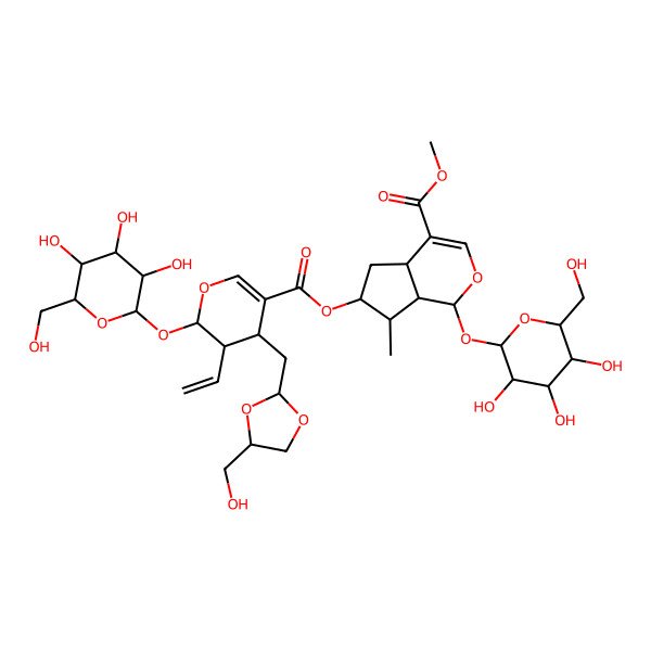 2D Structure of methyl (1S,4aS,6S,7R,7aR)-6-[(2S,3R,4R)-3-ethenyl-4-[[(2R,4S)-4-(hydroxymethyl)-1,3-dioxolan-2-yl]methyl]-2-[(2S,3R,4S,5R,6R)-3,4,5-trihydroxy-6-(hydroxymethyl)oxan-2-yl]oxy-3,4-dihydro-2H-pyran-5-carbonyl]oxy-7-methyl-1-[(2S,3R,4S,5R,6R)-3,4,5-trihydroxy-6-(hydroxymethyl)oxan-2-yl]oxy-1,4a,5,6,7,7a-hexahydrocyclopenta[c]pyran-4-carboxylate