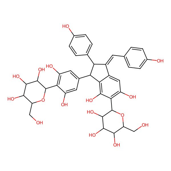 2D Structure of (2R,3R,4R,5S,6R)-2-[4-[(1S,2S,3E)-5,7-dihydroxy-2-(4-hydroxyphenyl)-3-[(4-hydroxyphenyl)methylidene]-6-[(2R,3R,4R,5S,6R)-3,4,5-trihydroxy-6-(hydroxymethyl)oxan-2-yl]-1,2-dihydroinden-1-yl]-2,6-dihydroxyphenyl]-6-(hydroxymethyl)oxane-3,4,5-triol