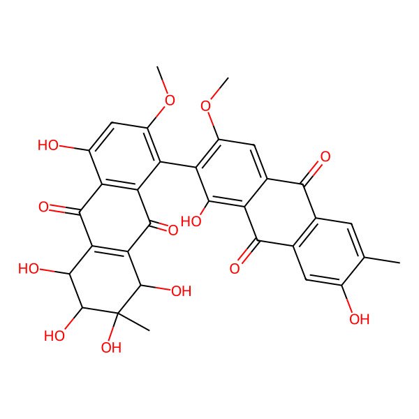2D Structure of 1,7-dihydroxy-3-methoxy-6-methyl-2-[(5R,6R,7S,8R)-4,5,6,7,8-pentahydroxy-2-methoxy-7-methyl-9,10-dioxo-6,8-dihydro-5H-anthracen-1-yl]anthracene-9,10-dione