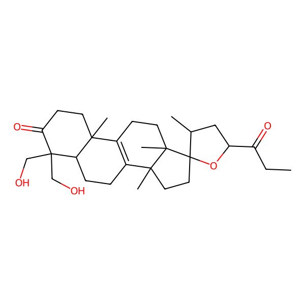 2D Structure of (3'R,5R,5'S,10S,13S,14S,17S)-4,4-bis(hydroxymethyl)-3',10,13,14-tetramethyl-5'-propanoylspiro[2,5,6,7,11,12,15,16-octahydro-1H-cyclopenta[a]phenanthrene-17,2'-oxolane]-3-one