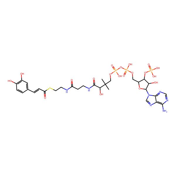 2D Structure of S-[2-[3-[[(2R)-4-[[[(2S,3S,4R,5S)-5-(6-aminopurin-9-yl)-4-hydroxy-3-phosphonooxyoxolan-2-yl]methoxy-hydroxyphosphoryl]oxy-hydroxyphosphoryl]oxy-2-hydroxy-3,3-dimethylbutanoyl]amino]propanoylamino]ethyl] (E)-3-(3,4-dihydroxyphenyl)prop-2-enethioate
