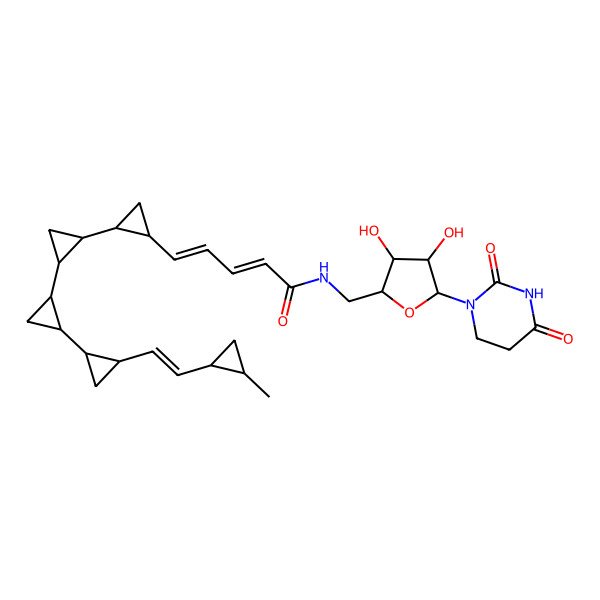 2D Structure of (2E,4E)-N-[[(2S,3S,4R,5S)-5-(2,4-dioxo-1,3-diazinan-1-yl)-3,4-dihydroxyoxolan-2-yl]methyl]-5-[(1R,2S)-2-[(1S,2S)-2-[(1S,2S)-2-[(1S,2R)-2-[(E)-2-[(1R,2R)-2-methylcyclopropyl]ethenyl]cyclopropyl]cyclopropyl]cyclopropyl]cyclopropyl]penta-2,4-dienamide