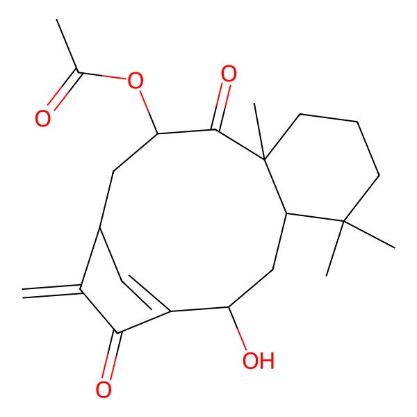 2D Structure of 10,7-Metheno-7H-benzocycloundecene-8,13-dione, 12-(acetyloxy)-1,2,3,4,4a,5,6,9,10,11,12,13a-dodecahydro-6-hydroxy-4,4,13a-trimethyl-9-methylene-, (4aR,6R,10R,12S,13aR)-