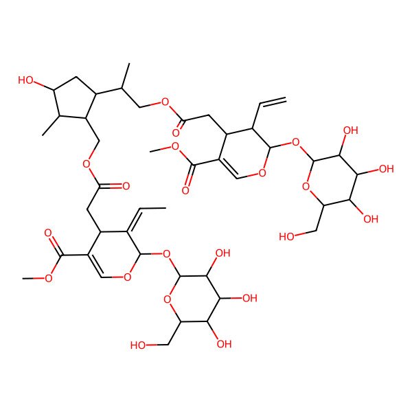 2D Structure of methyl (4S,5Z,6S)-4-[2-[[(1S,2R,3R,5S)-5-[1-[2-[(2S,4S)-3-ethenyl-5-methoxycarbonyl-2-[(2S,3R,4S,5S,6R)-3,4,5-trihydroxy-6-(hydroxymethyl)oxan-2-yl]oxy-3,4-dihydro-2H-pyran-4-yl]acetyl]oxypropan-2-yl]-3-hydroxy-2-methylcyclopentyl]methoxy]-2-oxoethyl]-5-ethylidene-6-[(2S,3R,4S,5S,6R)-3,4,5-trihydroxy-6-(hydroxymethyl)oxan-2-yl]oxy-4H-pyran-3-carboxylate