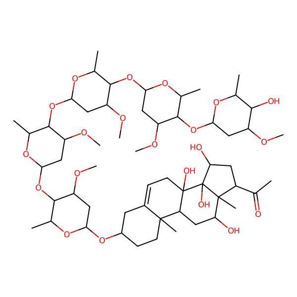 2D Structure of 1-[8,12,14,15-tetrahydroxy-3-[5-[5-[5-[5-(5-hydroxy-4-methoxy-6-methyloxan-2-yl)oxy-4-methoxy-6-methyloxan-2-yl]oxy-4-methoxy-6-methyloxan-2-yl]oxy-4-methoxy-6-methyloxan-2-yl]oxy-4-methoxy-6-methyloxan-2-yl]oxy-10,13-dimethyl-2,3,4,7,9,11,12,15,16,17-decahydro-1H-cyclopenta[a]phenanthren-17-yl]ethanone