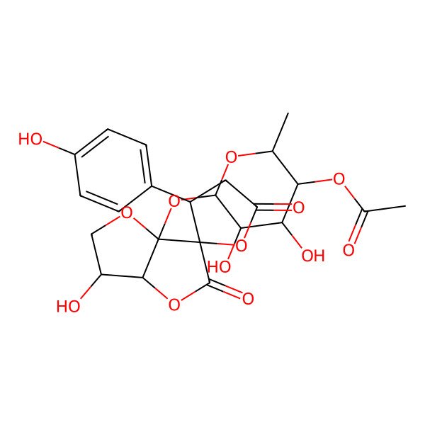 2D Structure of [4,5-dihydroxy-6-[3-hydroxy-3'-(4-hydroxyphenyl)-5,5'-dioxospiro[3,3a-dihydro-2H-furo[3,2-b]furan-6,2'-oxolane]-6a-yl]oxy-2-methyloxan-3-yl] acetate