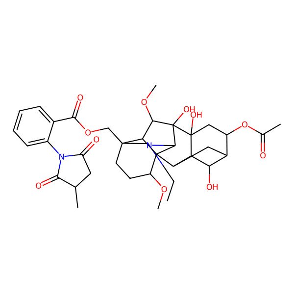 2D Structure of [(1S,2R,3R,4S,5S,6S,8R,9S,10S,13S,16S,17R,18S)-6-acetyloxy-11-ethyl-4,8,9-trihydroxy-16,18-dimethoxy-11-azahexacyclo[7.7.2.12,5.01,10.03,8.013,17]nonadecan-13-yl]methyl 2-[(3S)-3-methyl-2,5-dioxopyrrolidin-1-yl]benzoate