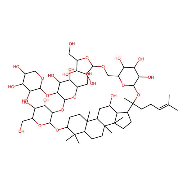 2D Structure of 2-[[3,4-dihydroxy-5-(hydroxymethyl)oxolan-2-yl]oxymethyl]-6-[2-[3-[3-[4,5-dihydroxy-6-(hydroxymethyl)-3-(3,4,5-trihydroxyoxan-2-yl)oxyoxan-2-yl]oxy-4,5-dihydroxy-6-(hydroxymethyl)oxan-2-yl]oxy-12-hydroxy-4,4,8,10,14-pentamethyl-2,3,5,6,7,9,11,12,13,15,16,17-dodecahydro-1H-cyclopenta[a]phenanthren-17-yl]-6-methylhept-5-en-2-yl]oxyoxane-3,4,5-triol