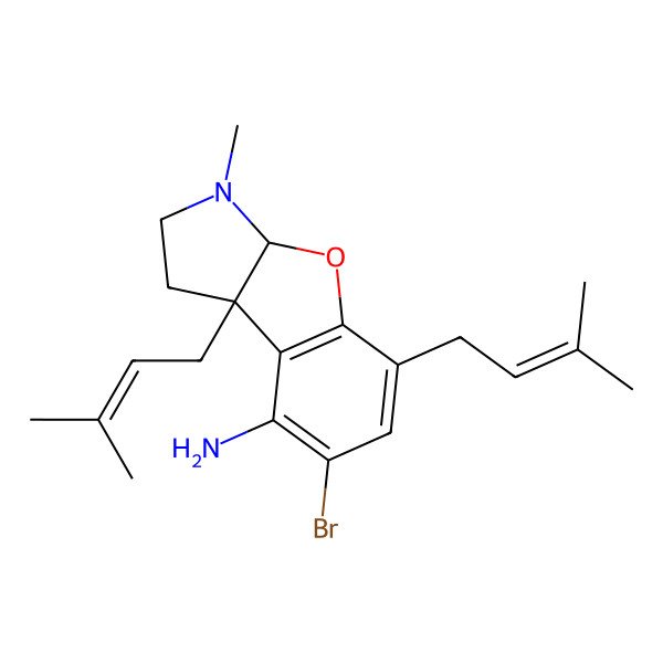 2D Structure of (3aR,8bR)-7-bromo-3-methyl-5,8b-bis(3-methylbut-2-enyl)-2,3a-dihydro-1H-[1]benzofuro[2,3-b]pyrrol-8-amine