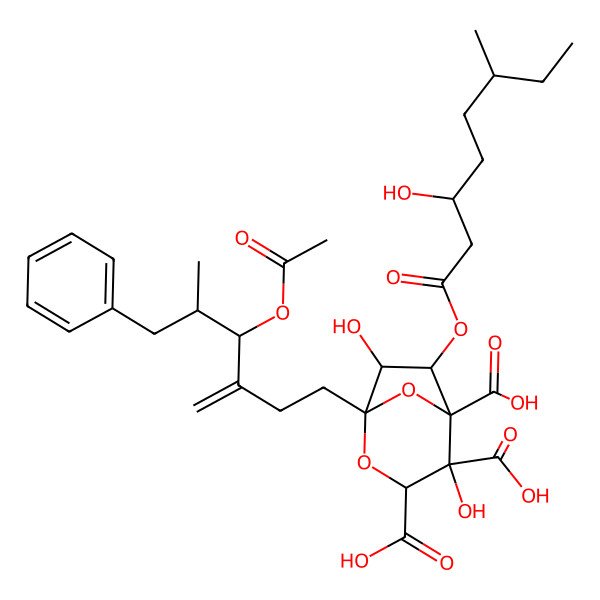 2D Structure of 1-(4-Acetyloxy-5-methyl-3-methylidene-6-phenylhexyl)-4,7-dihydroxy-6-(3-hydroxy-6-methyloctanoyl)oxy-2,8-dioxabicyclo[3.2.1]octane-3,4,5-tricarboxylic acid