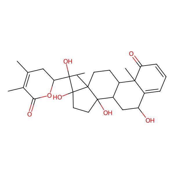 2D Structure of (2S)-2-[(1S)-1-hydroxy-1-[(6R,8R,9S,10R,13S,14R,17S)-6,14,17-trihydroxy-10,13-dimethyl-1-oxo-6,7,8,9,11,12,15,16-octahydrocyclopenta[a]phenanthren-17-yl]ethyl]-4,5-dimethyl-2,3-dihydropyran-6-one