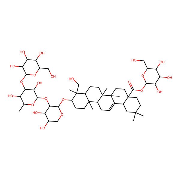 2D Structure of [(2S,3R,4S,5S,6R)-3,4,5-trihydroxy-6-(hydroxymethyl)oxan-2-yl] (4aS,6aR,6aS,6bR,8aR,9R,10S,12aR,14bS)-10-[(2S,3R,4S,5S)-3-[(2S,3R,4R,5S,6S)-3,5-dihydroxy-6-methyl-4-[(2S,3R,4S,5S,6R)-3,4,5-trihydroxy-6-(hydroxymethyl)oxan-2-yl]oxyoxan-2-yl]oxy-4,5-dihydroxyoxan-2-yl]oxy-9-(hydroxymethyl)-2,2,6a,6b,9,12a-hexamethyl-1,3,4,5,6,6a,7,8,8a,10,11,12,13,14b-tetradecahydropicene-4a-carboxylate