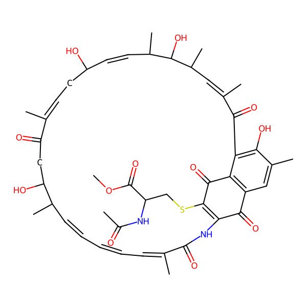 2D Structure of methyl (2R)-2-acetamido-3-[[(7Z,9S,10S,11S,12Z,14S,16Z,20S,21S,22Z,24Z,26Z)-4,10,14,20-tetrahydroxy-3,7,9,11,17,21,27-heptamethyl-6,18,28,32,34-pentaoxo-29-azatricyclo[28.3.1.05,33]tetratriaconta-1(33),2,4,7,12,16,22,24,26,30-decaen-31-yl]sulfanyl]propanoate