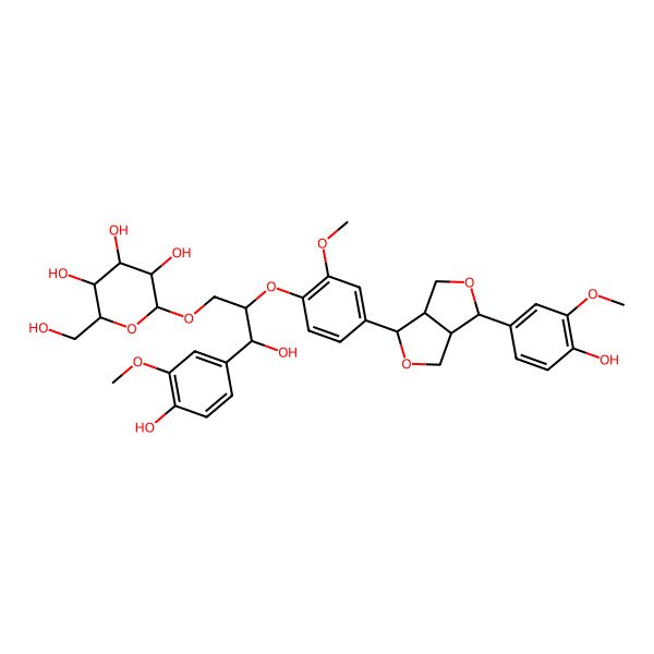 2D Structure of 2-[3-Hydroxy-3-(4-hydroxy-3-methoxyphenyl)-2-[4-[3-(4-hydroxy-3-methoxyphenyl)-1,3,3a,4,6,6a-hexahydrofuro[3,4-c]furan-6-yl]-2-methoxyphenoxy]propoxy]-6-(hydroxymethyl)oxane-3,4,5-triol