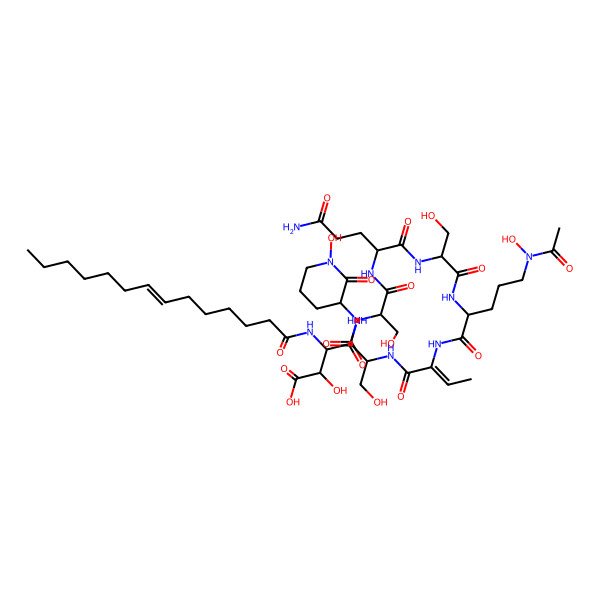 2D Structure of (2R,3R)-4-[[(2R)-1-[[(2S)-1-[[(2S)-1-[[(2S)-5-[acetyl(hydroxy)amino]-1-[[(E)-1-[[(2R)-3-hydroxy-1-[[(3R)-1-hydroxy-2-oxopiperidin-3-yl]amino]-1-oxopropan-2-yl]amino]-1-oxobut-2-en-2-yl]amino]-1-oxopentan-2-yl]amino]-3-hydroxy-1-oxopropan-2-yl]amino]-5-amino-1,5-dioxopentan-2-yl]amino]-3-hydroxy-1-oxopropan-2-yl]amino]-2-hydroxy-4-oxo-3-[[(Z)-tetradec-7-enoyl]amino]butanoic acid