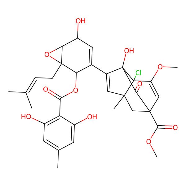 2D Structure of Methyl 7-chloro-4-[2-(2,6-dihydroxy-4-methylbenzoyl)oxy-5-hydroxy-1-(3-methylbut-2-enyl)-7-oxabicyclo[4.1.0]hept-3-en-3-yl]-3-hydroxy-8-methoxy-6-methyl-2-oxotricyclo[4.3.1.03,7]deca-4,8-diene-1-carboxylate