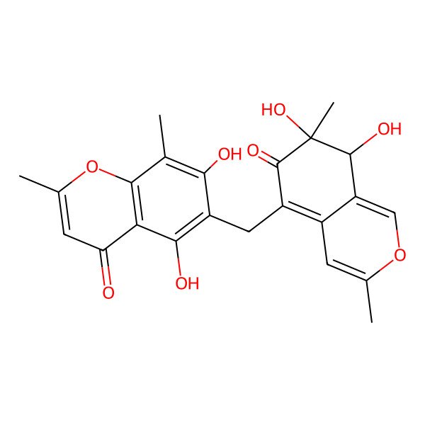 2D Structure of 6-[(7,8-dihydroxy-3,7-dimethyl-6-oxo-8H-isochromen-5-yl)methyl]-5,7-dihydroxy-2,8-dimethylchromen-4-one