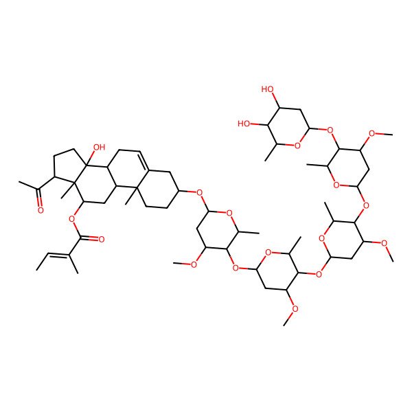 2D Structure of [(3S,8R,9S,10R,12R,13S,14S,17S)-17-acetyl-3-[(2R,4S,5R,6R)-5-[(2S,4S,5R,6R)-5-[(2S,4R,5R,6R)-5-[(2S,4R,5R,6R)-5-[(2S,4S,5S,6R)-4,5-dihydroxy-6-methyloxan-2-yl]oxy-4-methoxy-6-methyloxan-2-yl]oxy-4-methoxy-6-methyloxan-2-yl]oxy-4-methoxy-6-methyloxan-2-yl]oxy-4-methoxy-6-methyloxan-2-yl]oxy-14-hydroxy-10,13-dimethyl-1,2,3,4,7,8,9,11,12,15,16,17-dodecahydrocyclopenta[a]phenanthren-12-yl] (E)-2-methylbut-2-enoate