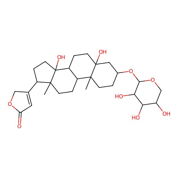 2D Structure of 3-[(3S,5S,8S,9R,10R,13S,14R,17R)-5,14-dihydroxy-10,13-dimethyl-3-[(2S,3R,4R,5R)-3,4,5-trihydroxyoxan-2-yl]oxy-2,3,4,6,7,8,9,11,12,15,16,17-dodecahydro-1H-cyclopenta[a]phenanthren-17-yl]-2H-furan-5-one
