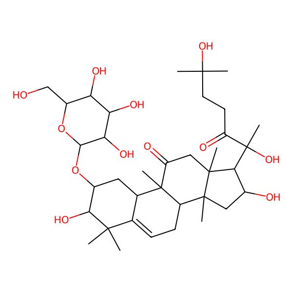 2D Structure of 17-(2,6-Dihydroxy-6-methyl-3-oxoheptan-2-yl)-3,16-dihydroxy-4,4,9,13,14-pentamethyl-2-[3,4,5-trihydroxy-6-(hydroxymethyl)oxan-2-yl]oxy-1,2,3,7,8,10,12,15,16,17-decahydrocyclopenta[a]phenanthren-11-one