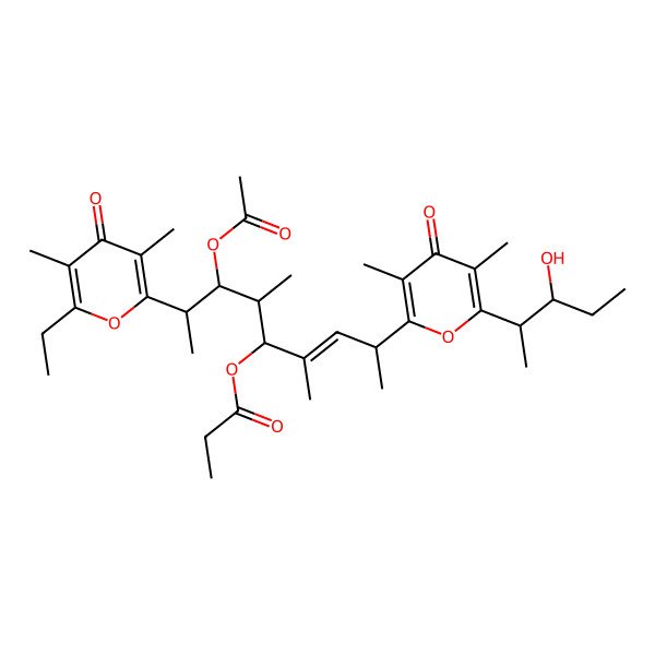 2D Structure of [(E,2S,5R,6R,7R,8R)-7-acetyloxy-8-(6-ethyl-3,5-dimethyl-4-oxopyran-2-yl)-2-[6-[(2S,3S)-3-hydroxypentan-2-yl]-3,5-dimethyl-4-oxopyran-2-yl]-4,6-dimethylnon-3-en-5-yl] propanoate