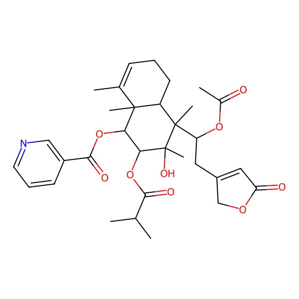 2D Structure of [(1R,2S,3R,4S,4aS,8aR)-4-[(1S)-1-acetyloxy-2-(5-oxo-2H-furan-3-yl)ethyl]-3-hydroxy-3,4,8,8a-tetramethyl-2-(2-methylpropanoyloxy)-2,4a,5,6-tetrahydro-1H-naphthalen-1-yl] pyridine-3-carboxylate