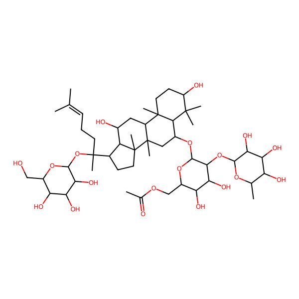 2D Structure of [6-[[3,12-dihydroxy-4,4,8,10,14-pentamethyl-17-[6-methyl-2-[3,4,5-trihydroxy-6-(hydroxymethyl)oxan-2-yl]oxyhept-5-en-2-yl]-2,3,5,6,7,9,11,12,13,15,16,17-dodecahydro-1H-cyclopenta[a]phenanthren-6-yl]oxy]-3,4-dihydroxy-5-(3,4,5-trihydroxy-6-methyloxan-2-yl)oxyoxan-2-yl]methyl acetate