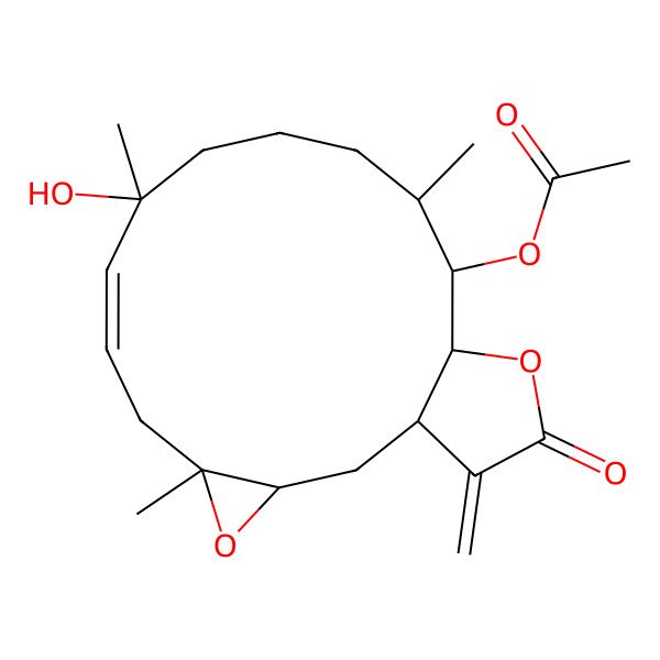 2D Structure of (9-Hydroxy-5,9,13-trimethyl-18-methylidene-17-oxo-4,16-dioxatricyclo[13.3.0.03,5]octadec-7-en-14-yl) acetate