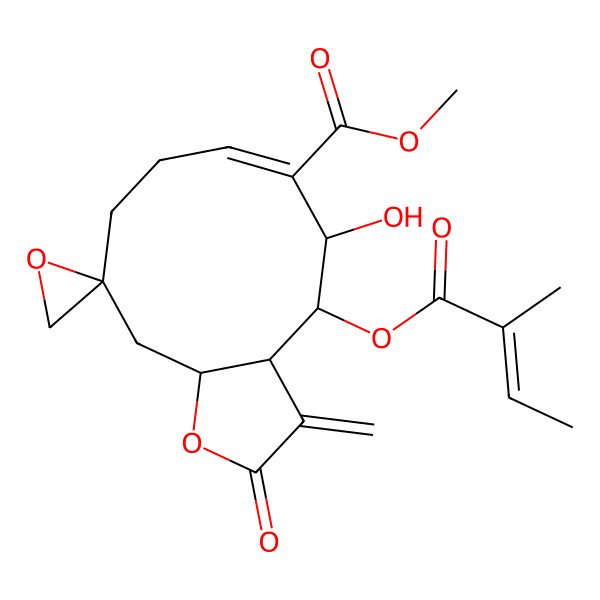 2D Structure of methyl 5-hydroxy-4-(2-methylbut-2-enoyloxy)-3-methylidene-2-oxospiro[4,5,8,9,11,11a-hexahydro-3aH-cyclodeca[b]furan-10,2'-oxirane]-6-carboxylate