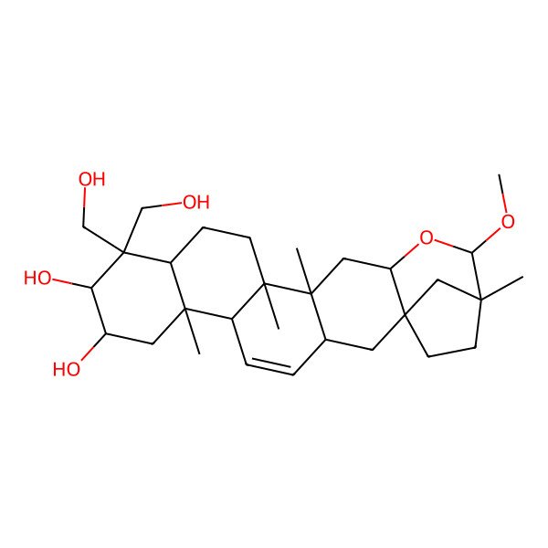 2D Structure of (1S,3S,6R,7S,9R,10S,12R,15R,16R,18S,20R,21S)-11,11-bis(hydroxymethyl)-20-methoxy-7,15,16,21-tetramethyl-19-oxahexacyclo[19.2.1.01,18.03,16.06,15.07,12]tetracos-4-ene-9,10-diol