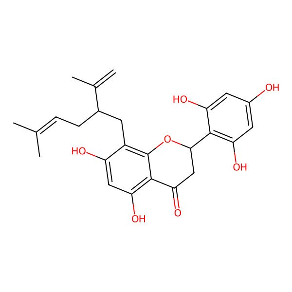 2D Structure of (2S)-5,7-dihydroxy-8-[(2S)-5-methyl-2-prop-1-en-2-ylhex-4-enyl]-2-(2,4,6-trihydroxyphenyl)-2,3-dihydrochromen-4-one