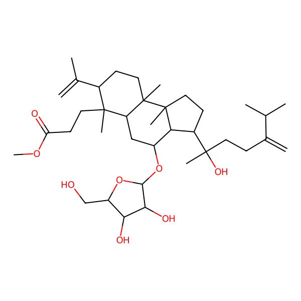 2D Structure of Methyl 3-[4-[3,4-dihydroxy-5-(hydroxymethyl)oxolan-2-yl]oxy-3-(2-hydroxy-6-methyl-5-methylideneheptan-2-yl)-6,9a,9b-trimethyl-7-prop-1-en-2-yl-1,2,3,3a,4,5,5a,7,8,9-decahydrocyclopenta[a]naphthalen-6-yl]propanoate