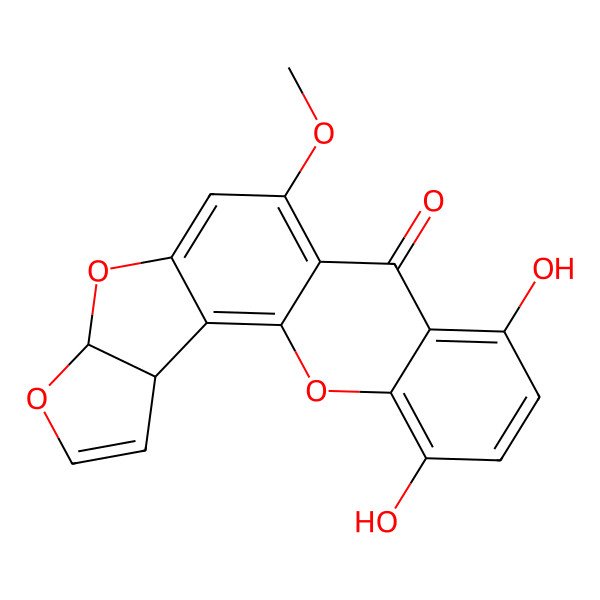 2D Structure of 15,18-Dihydroxy-11-methoxy-6,8,20-trioxapentacyclo[10.8.0.02,9.03,7.014,19]icosa-1,4,9,11,14,16,18-heptaen-13-one