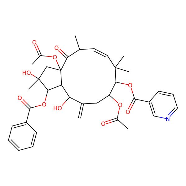 2D Structure of [(1R,2R,3aR,5S,6E,9S,10R,13R,13aS)-3a,10-diacetyloxy-1-benzoyloxy-2,13-dihydroxy-2,5,8,8-tetramethyl-12-methylidene-4-oxo-1,3,5,9,10,11,13,13a-octahydrocyclopenta[12]annulen-9-yl] pyridine-3-carboxylate