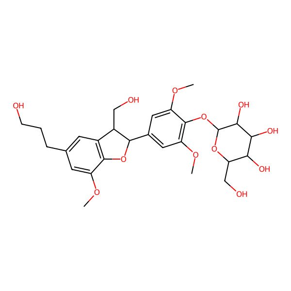2D Structure of 2-(Hydroxymethyl)-6-[4-[3-(hydroxymethyl)-5-(3-hydroxypropyl)-7-methoxy-2,3-dihydro-1-benzofuran-2-yl]-2,6-dimethoxyphenoxy]oxane-3,4,5-triol