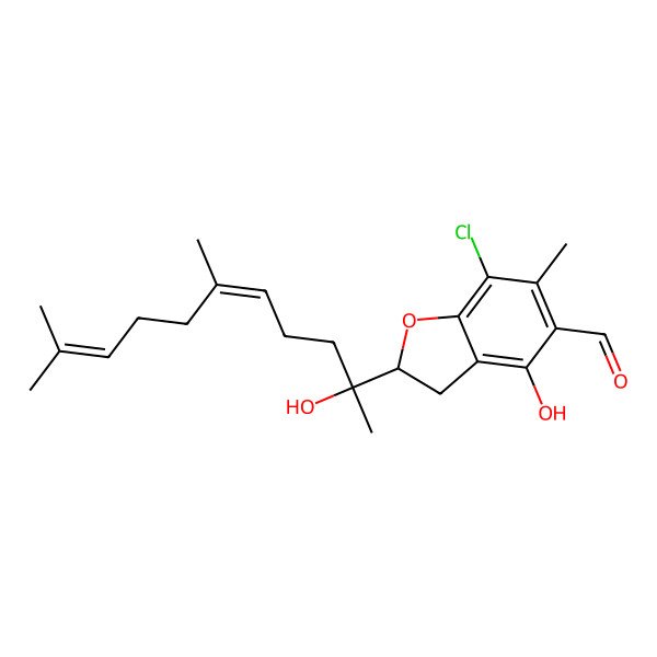 2D Structure of 7-chloro-4-hydroxy-2-[(5E)-2-hydroxy-6,10-dimethylundeca-5,9-dien-2-yl]-6-methyl-2,3-dihydro-1-benzofuran-5-carbaldehyde