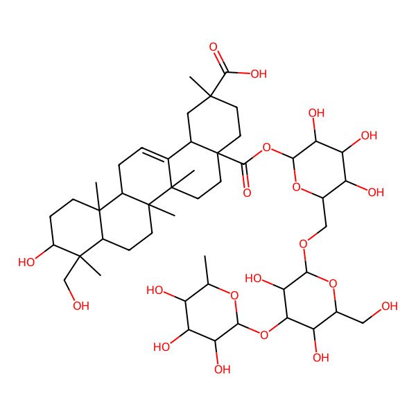 2D Structure of (2R,4aR,6aR,6aS,6bR,8aR,9R,10R,12aR,14bS)-4a-[(2S,3R,4S,5S,6R)-6-[[(2R,3R,4S,5R,6R)-3,5-dihydroxy-6-(hydroxymethyl)-4-[(2S,3R,4R,5R,6S)-3,4,5-trihydroxy-6-methyloxan-2-yl]oxyoxan-2-yl]oxymethyl]-3,4,5-trihydroxyoxan-2-yl]oxycarbonyl-10-hydroxy-9-(hydroxymethyl)-2,6a,6b,9,12a-pentamethyl-1,3,4,5,6,6a,7,8,8a,10,11,12,13,14b-tetradecahydropicene-2-carboxylic acid